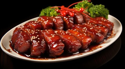 pork meat chinese food char illustration cuisine delicious, traditional roasted, barbecue marinade pork meat chinese food char - obrazy, fototapety, plakaty