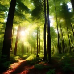 Digital Painting of Lush Vibrant Forest with Sunlight Filtering through The Trees