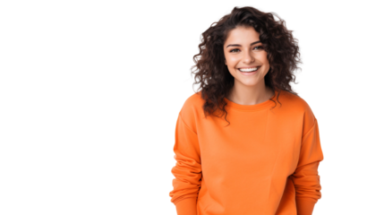 Portrait of a smiling woman wearing orange sweatshirt isolated on white background