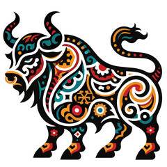 Vector icon of the Ox, in Mongolian folk art style, with elements from Tamerlane and Chinggis Khan's era, showcasing Mongolia's heritage. Part of a Chinese Zodiac set.
