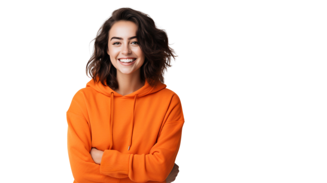 Portrait of a smiling woman wearing orange sweatshirt isolated on white background