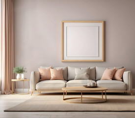 Beautiful modern living room, home, grey sofa, empty wall frame, loft home interior. Frame mockup.