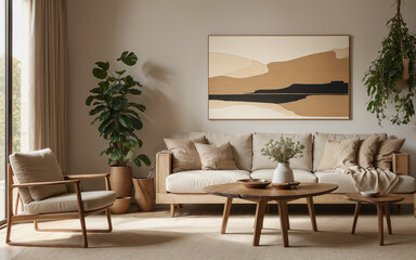 Rustic live-edge table and chairs near a beige sofa, reflecting the Scandinavian interior design of a modern living room, accentuated by a prominent art poster.