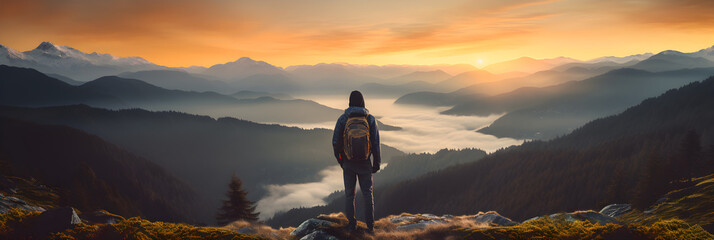 Panorama background of man with backpack standing at top of mountain and watching sky, enjoying, hiking, travel - obrazy, fototapety, plakaty