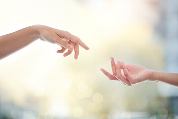 Helping hand, people and giving for support with bokeh, hope and empathy for healing or mental...