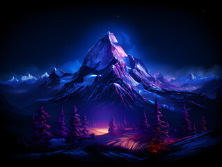 Fototapeta na wymiar Mountain, Purple and blue neon, UV blacklight, abstract background