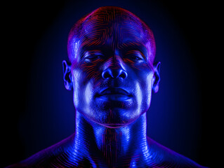 Handsome African American man face, Purple and blue neon, UV blacklight, fantastic, fluorescent, luminescence
