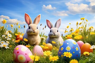Fototapeta na wymiar Easter bunny and easter eggs on green meadow with flowers