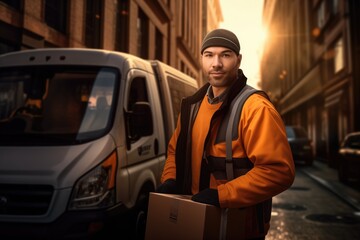 Fototapeta na wymiar a male delivery worker is unloading cargo from a van