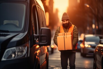 a male delivery worker is unloading cargo from a van - obrazy, fototapety, plakaty