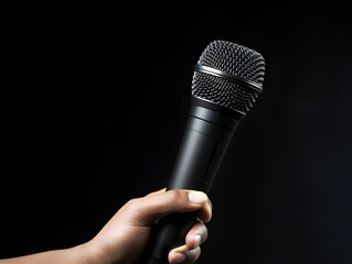 Hand holding microphone, man holds a microphone with his left hand, studio, black backdrop