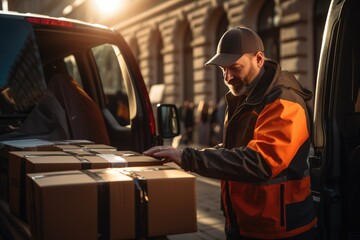 Fototapeta na wymiar a male delivery worker is unloading cargo from a van