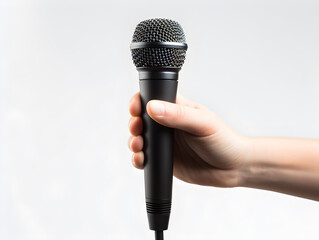 Hand holding microphone, singer right hand holding dynamic microphone, isolated on white background - obrazy, fototapety, plakaty