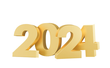 Happy new year inscription 2024 holiday isolated on transparent background. Gold numeral 2024 decoration. 3d render