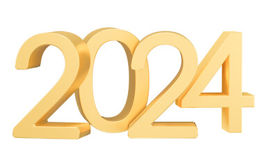 Happy new year inscription 2024 holiday isolated on transparent background. Gold numeral 2024 decoration. 3d render