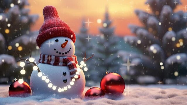 Christmas decorations with cute snowmen decorated with falling snow. seamless looping time-lapse virtual video animation background.