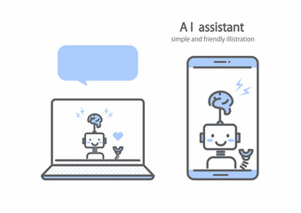 スマホやパソコンを通してサポートしてくれるAIアシスタント　シンプルでお洒落な線画イラスト