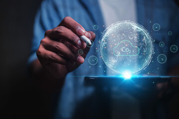 Businessman show with environmental icons for reducing CO2 emissions, sustainable development and green business from renewable energy. Concept Carbon Neutrality.