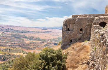The northern  tower guarding entrance to the medieval fortress of Nimrod - Qalaat al-Subeiba, located near the border with Syria and Lebanon on the Golan Heights, in northern Israel