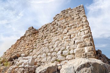 Remains  of the northern guard tower in the medieval fortress of Nimrod - Qalaat al-Subeiba, located near the border with Syria and Lebanon on the Golan Heights, in northern Israel