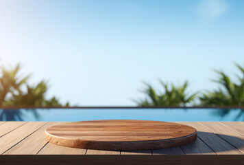 empty wooden table in front of swimming pool with summer blurred background. Ai generated Images