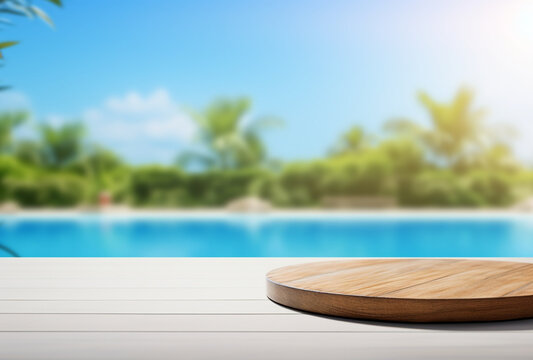 empty wooden table in front of swimming pool with summer blurred background. Ai generated Images