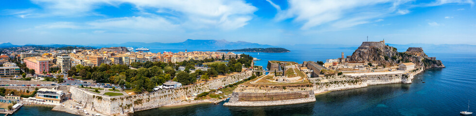 Panoramic view of Kerkyra, capital of Corfu island, Greece. Aerial drone view of Kerkyra with...