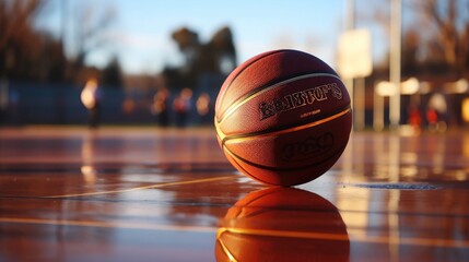Orange basketball ball on a basketball sports court