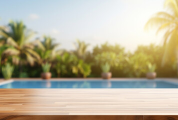 Fototapeta na wymiar empty wooden table in front of swimming pool with summer blurred background. Ai generated Images