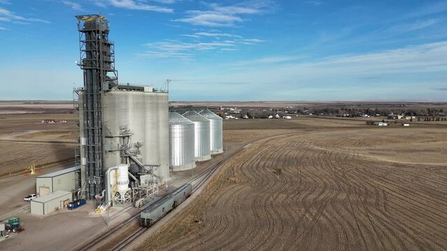 Aerial view of a grain elevator in the town of Carmangay, Alberta. 