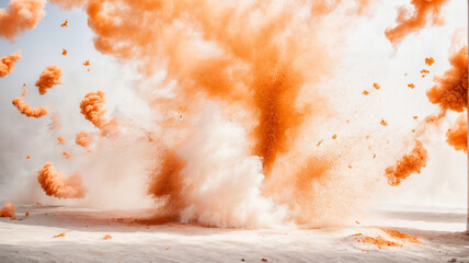 Bright Orange Holi Powder Bursting on White Background, Industrial Print Inspiration