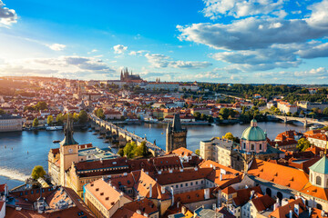 Prague scenic spring aerial view of the Prague Old Town pier architecture Charles Bridge over Vltava river in Prague, Czechia. Old Town of Prague with the Castle in the background, Czech Republic. - 684937925