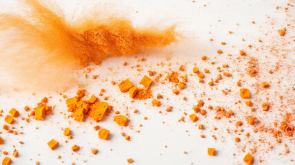 Fototapeta na wymiar Bright Orange Holi Powder Bursting on White Background, Industrial Print Inspiration