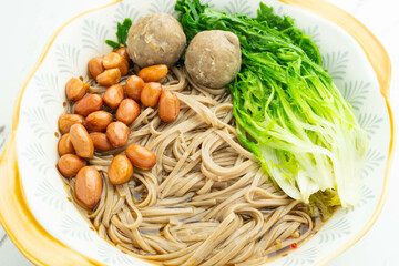 A bowl of beef ball soba noodles