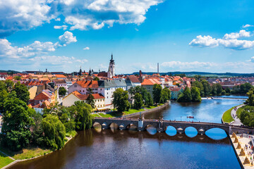 Medieval Town Pisek and historic stone bridge over river Otava in the Southern Bohemia, Czech...