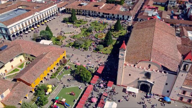 Clock of Zacatl&aacute;n of the apples, Puebla and top view of church drone view