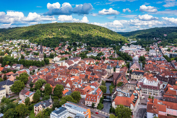 Old city of Ettlingen in Germany with a river and a church. View of a central district of...