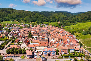 View of Riquewihr village and vineyards on Alsatian Wine Route, France. Most beautiful villages of France, Riquewihr in Alsace, famous 