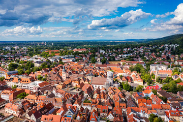 Old city of Ettlingen in Germany with a river and a church. View of a central district of...