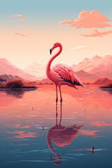 flamingo standing on pink mountains in the background