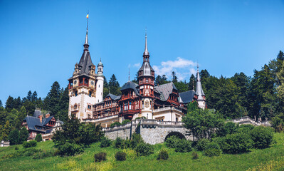 Peles Castle, Romania. Beautiful famous royal castle and ornamental garden in Sinaia landmark of...