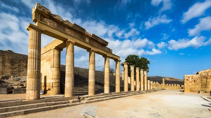 Draagtas Ruins of Acropolis of Lindos view, Rhodes, Dodecanese Islands, Greek Islands, Greece. Acropolis of Lindos, ancient architecture of Rhodes, Greece. © daliu