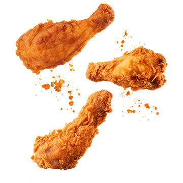 fried chicken drumsticks, crispy fried chicken pieces flying in the air