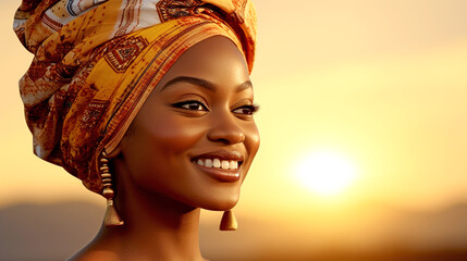 HAPPY SMILING AFRICAN AMERICAN WOMAN AGAINST SUNSET BACKGROUND. legal AI
