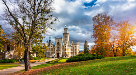 Hluboka Castle, historic chateau in Hluboka nad Vltavou in South Bohemia, Czech Republic. Famous Czech castle Hluboka nad Vltavou, medieval building with beautiful park. Prague, Czechia.