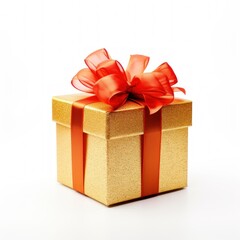 Obraz premium golden gift box with red ribbon