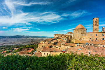 Tuscany, Volterra town skyline, church and panorama view. Maremma, Italy, Europe. Panoramic view of...