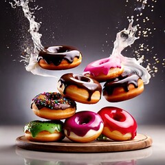 Colorful, frosted glazed donuts with fancy decoration - obrazy, fototapety, plakaty
