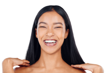 Cosmetics portrait, hair care smile and woman with straight hairstyle texture, clean haircut or beauty salon skincare. Happiness, spa dermatology or model face isolated on transparent, png background