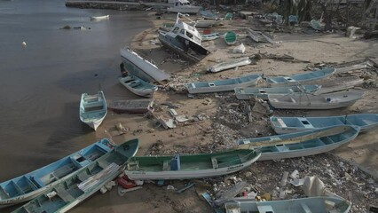 Aerial shot of the Manzanillo Beach in  Acapuclo, Mexico, a few days after Hurricane Otis.